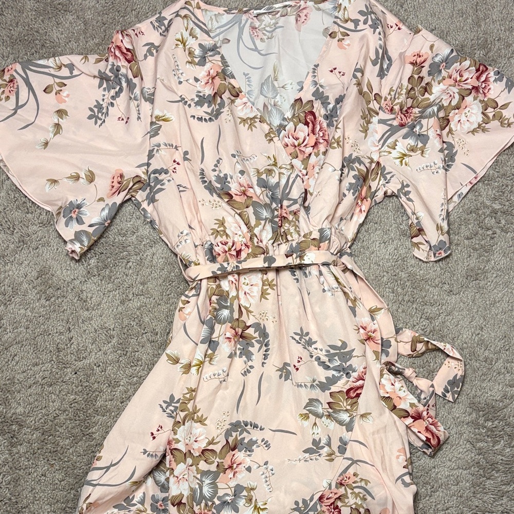 Blush Floral Wrap Robe with Tie Waist